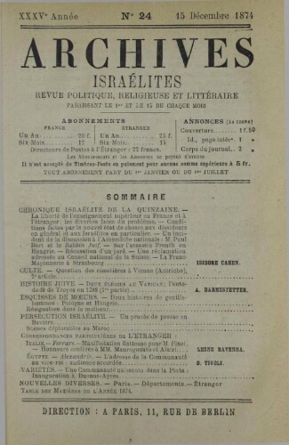 Archives israélites de France. Vol.35 N°24 (15 déc. 1874)